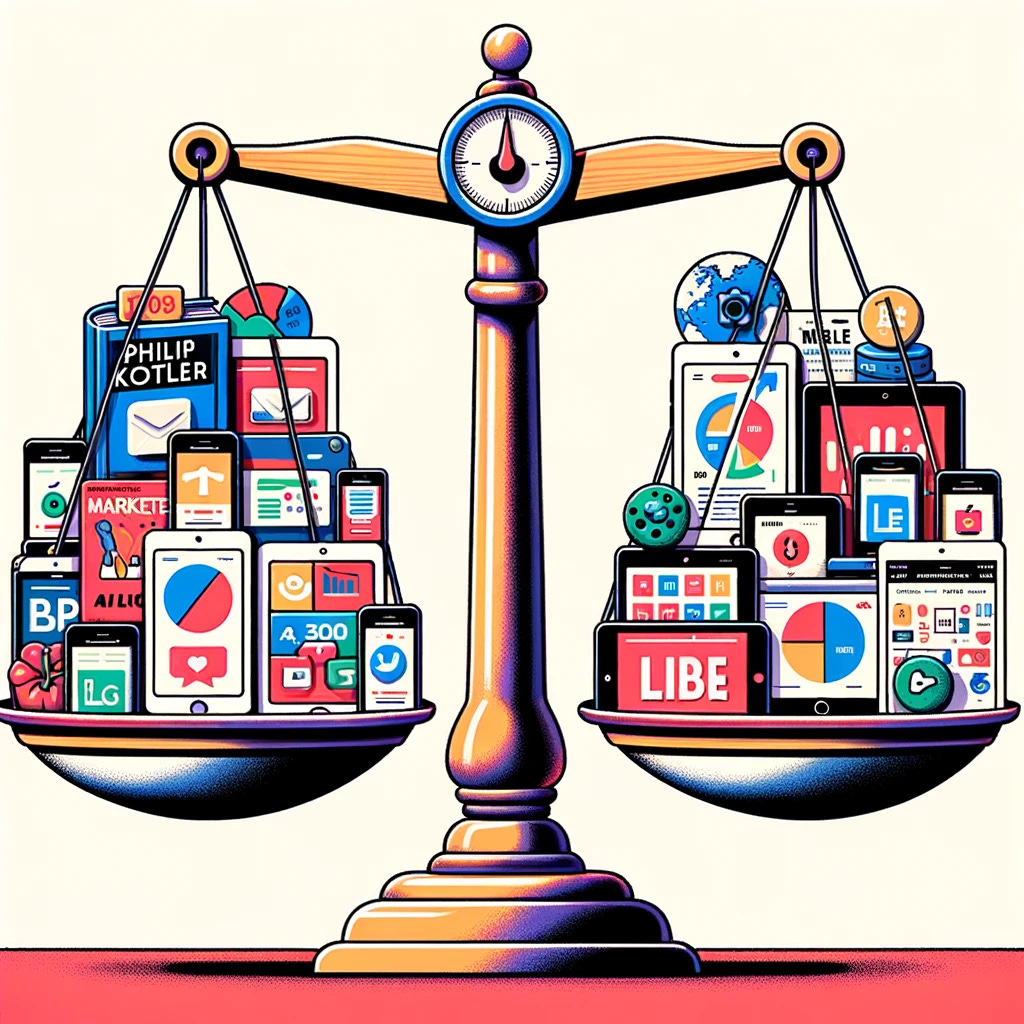 Illustration of a balance scale. On one side, there's a traditional marketing book with 'Philip Kotler' written on it, and on the other side, there are digital devices like smartphones, tablets, and laptops showing various modern marketing platforms. The scale is tilting slightly towards the digital side.